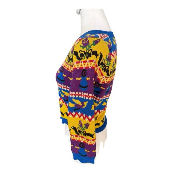 Vintage Betsey Johnson Punk Label Crop Cardigan Alley Cat Fair Aisle Print L Mod - Picture 5 of 16